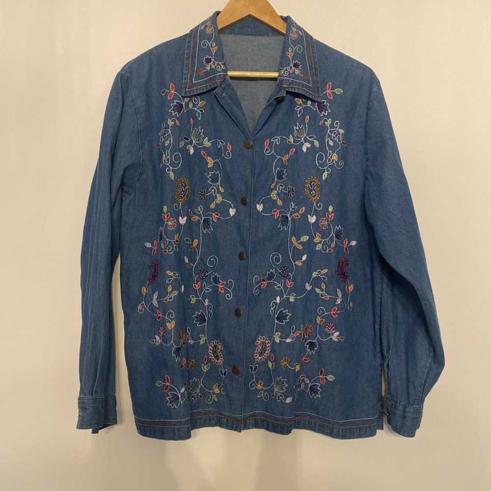 Women's Embroidered Denim Cortagecore Long Sleeve Shirt Floral Boho Y2K Chambray